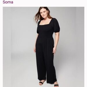 Soma Woman's Black Soft Jersey Smocked Wide leg Jumpsuit Sz 16-18 XL